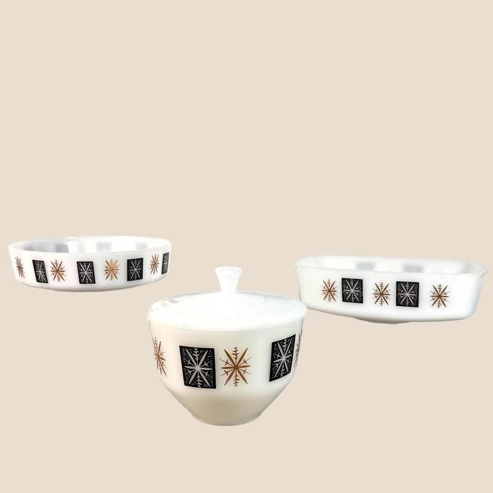 Vtg Federal Glass Atomic Starburst Milk Glass 3pc Set Black Gold MCM Heat Proof